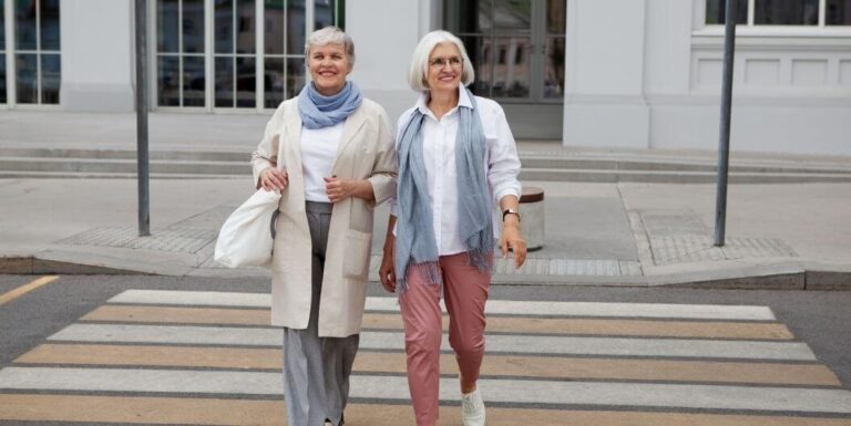 Elderly Women Crossing the Streets Near Their Assisted Living Facility